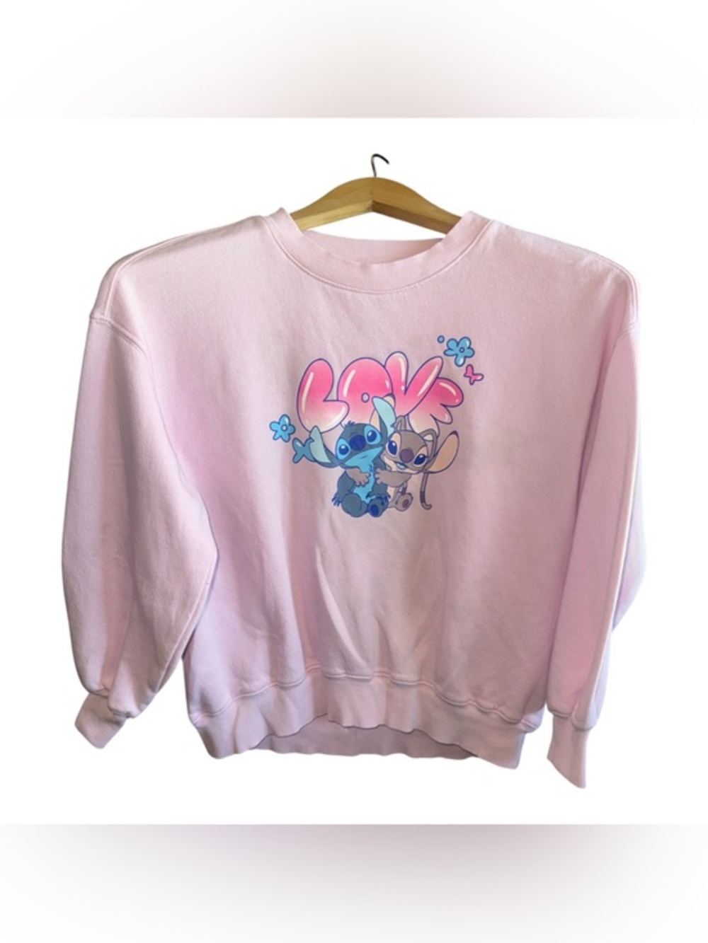 Pink "Love" Stitch & Angel Graphic Crewneck Sweatshirt Disney Kids Large 10/12